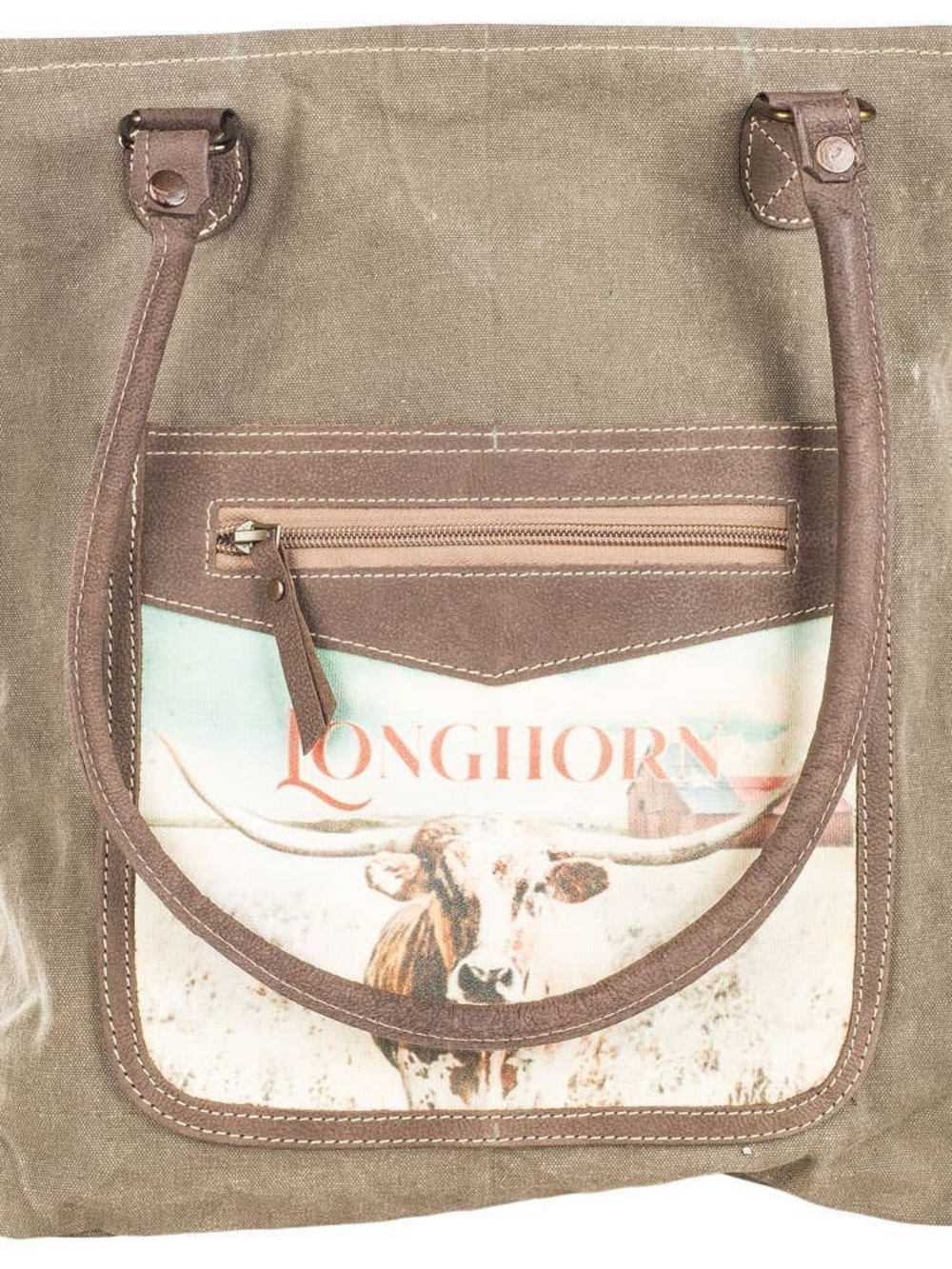 Graphic Canvas Longhorn Tote in Taupe with Brown Trim